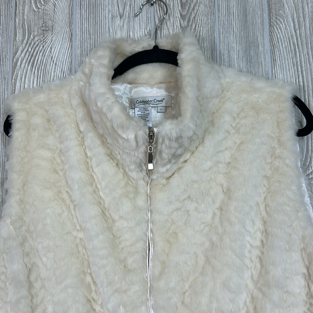 Coldwater Creek Patterned Faux Fur Ivory Creme Zip Front Womens Vest Size Large